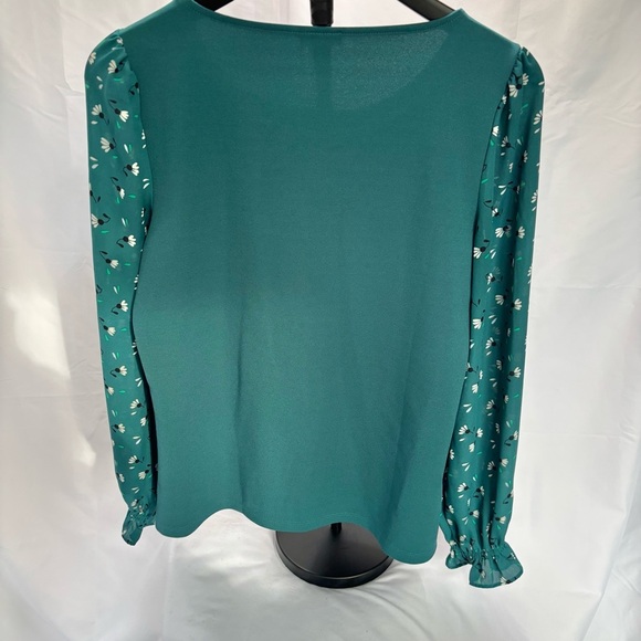 Ann Taylor Teal Blouse with White/Black Floral Sheer Balloon Sz Small - Picture 5 of 6